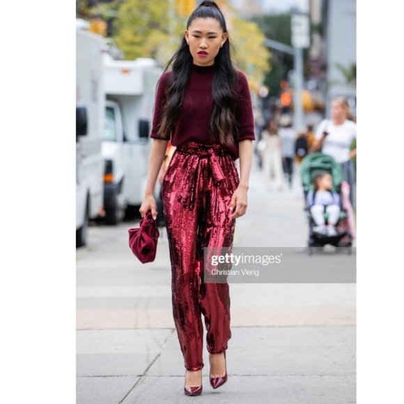 Sally LaPointe Pants - 💎🔥SALLY LAPOINTE Striped Belted Sequined Pants